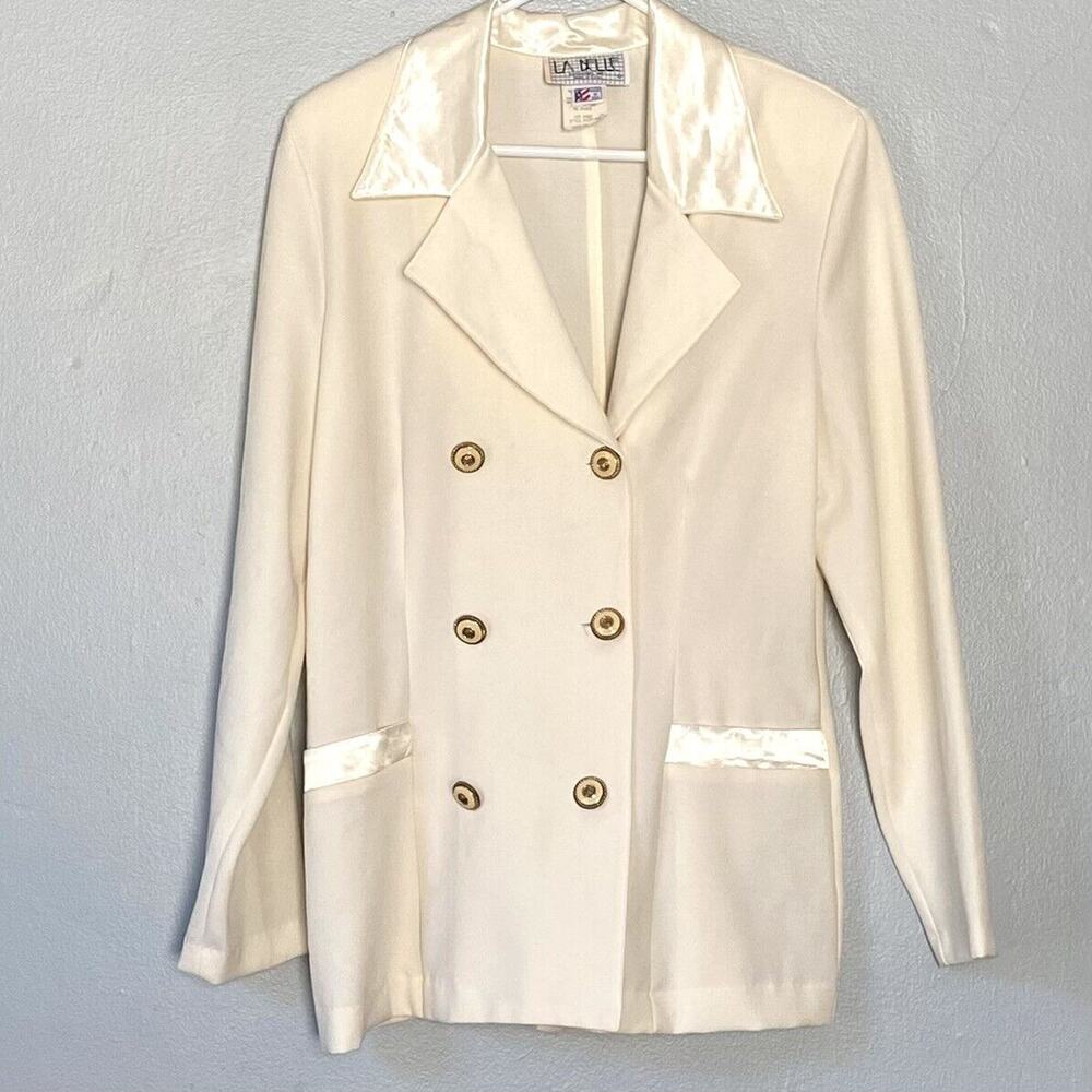 La Belle Blazer Womens Size 13 Ivory Cream Satin Collar 80s 90s Double Breast